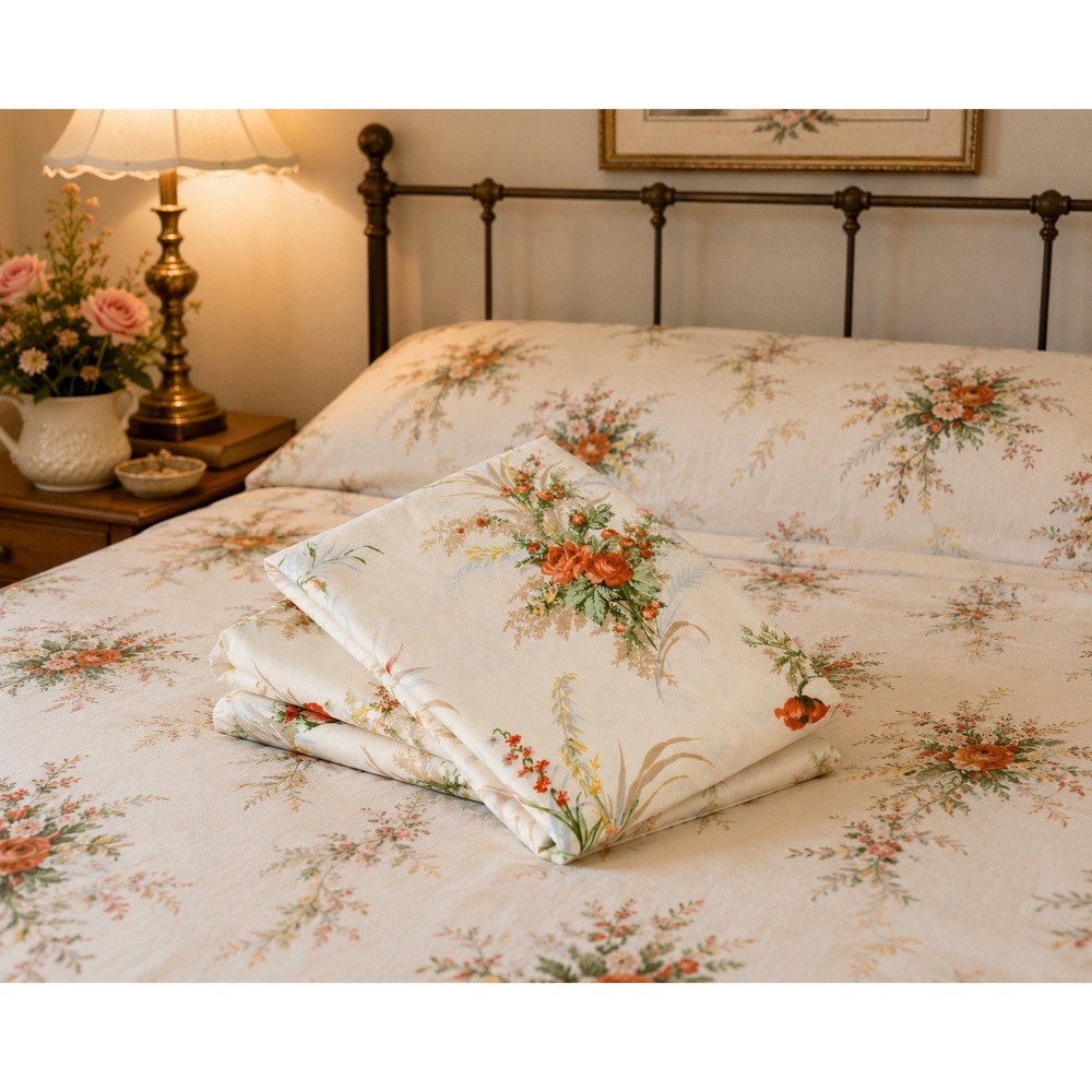Vintage 70s Garden Full Sheet Set Flat Fitted Percale Floral Perma Prest Cottage